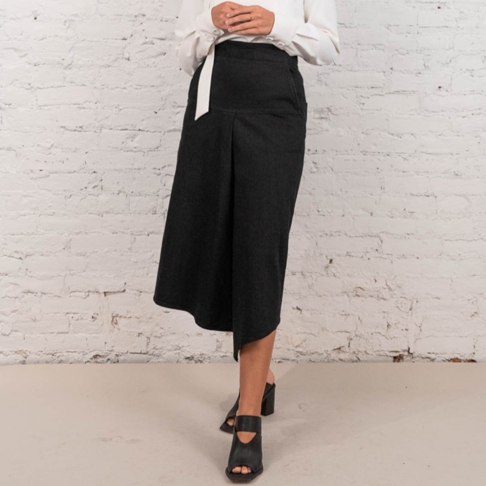 Tibi Black Stretch Denim Drape Skirt